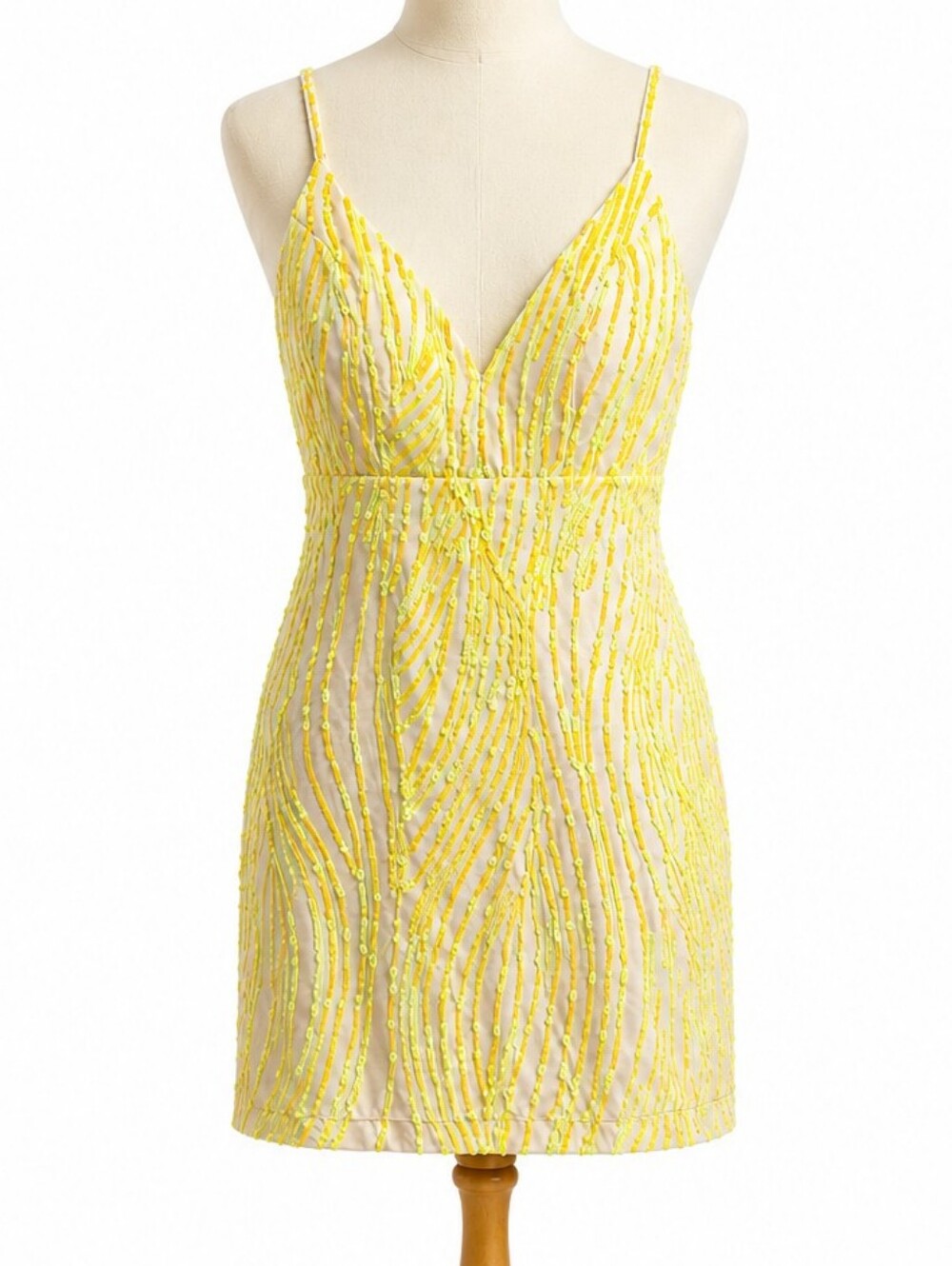 EMERALD SUNDAE Lemon Beaded Spaghetti-Strap Mini Dress.